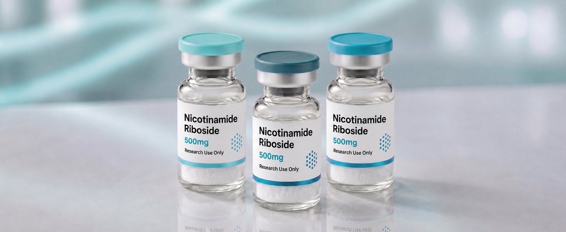 A row of Nicotinamide Riboside (NR) research vials, mock product photograph