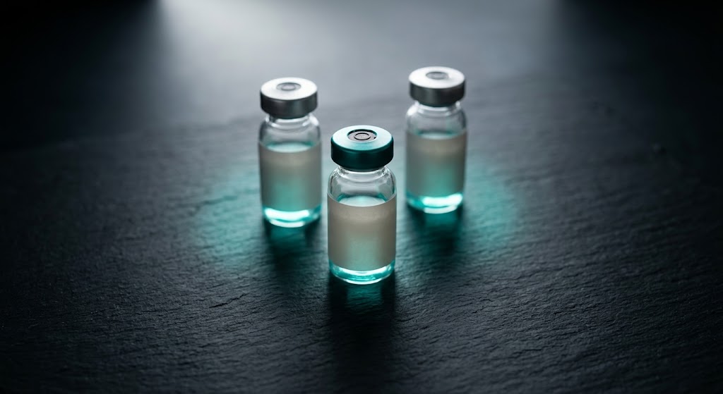 A quiet still life in muted teal tones: a small glass vial with a plain white label standing beside a folded consultation note on a pale surface.