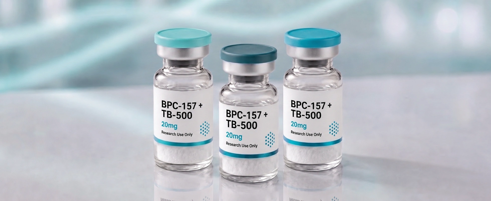 A row of BPC-157 + TB-500 research vials, mock product photograph