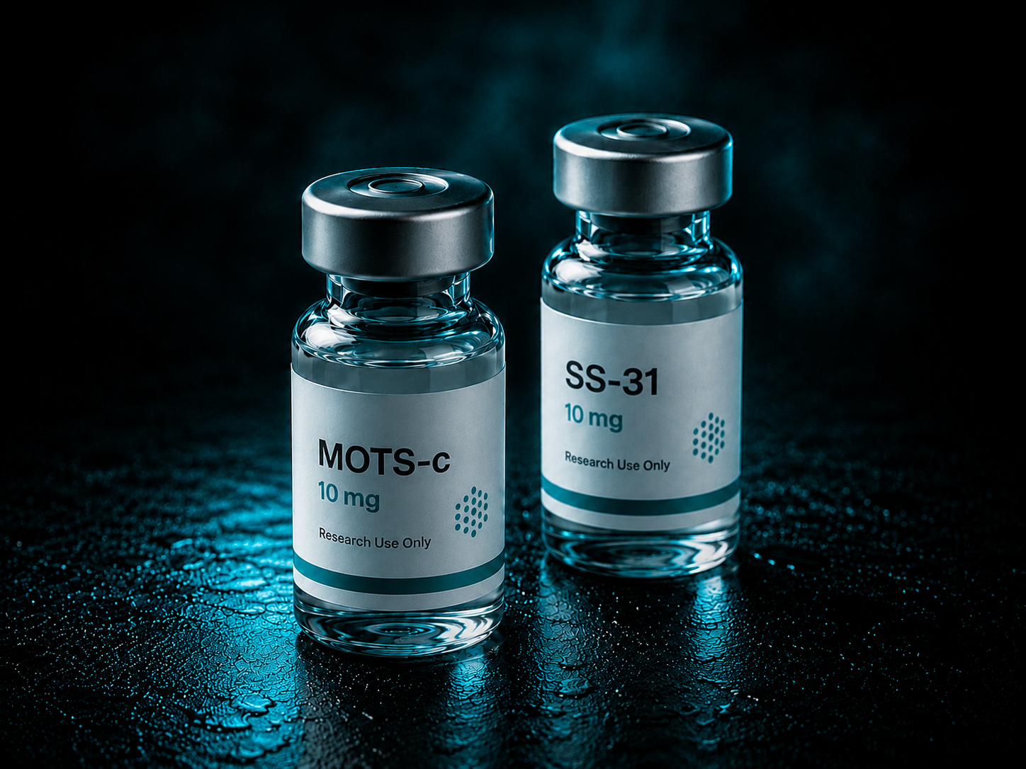 Two research vials labeled MOTS-c and SS-31 under low light