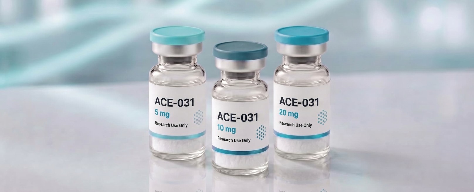 A row of ACE-031 (Ramatercept) research vials, mock product photograph