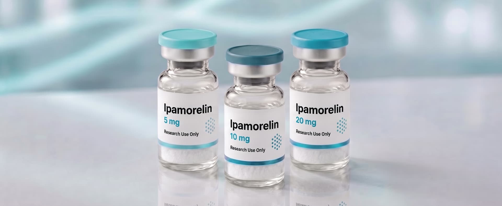 A row of Ipamorelin research vials, mock product photograph