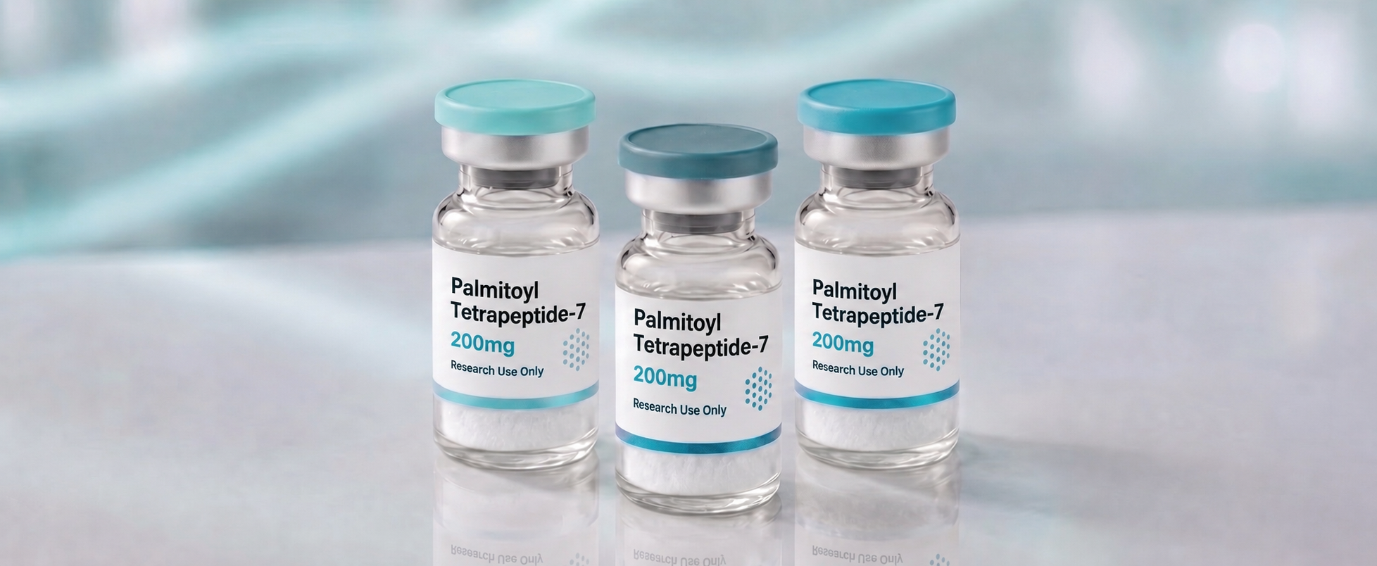 A row of Palmitoyl Tetrapeptide-7 research vials, mock product photograph