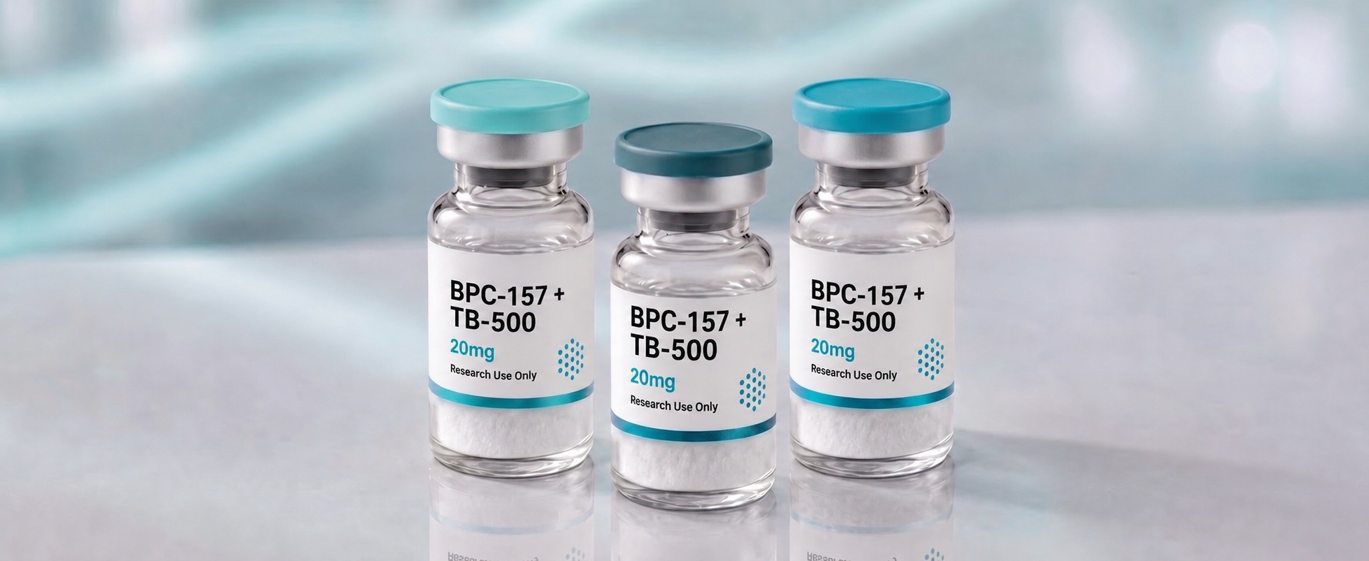 A row of BPC-157 + TB-500 research vials, mock product photograph
