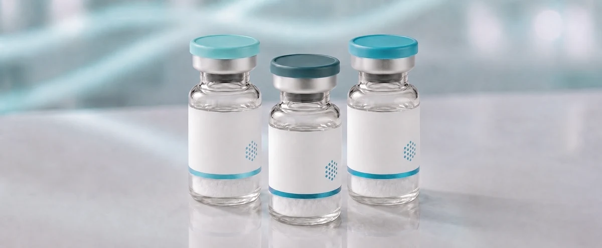 A row of PDA (Pentadeca Arginate) research vials, mock product photograph