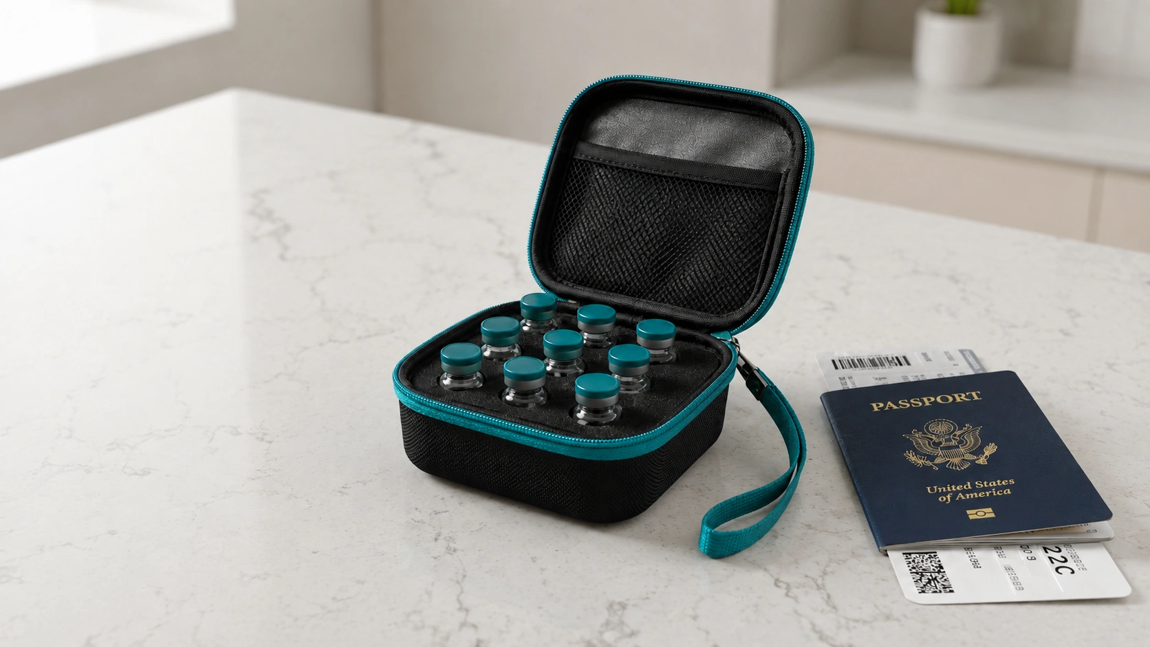 An open black travel case with teal trim holding several peptide vials on a marble counter, next to a United States passport and a boarding pass.