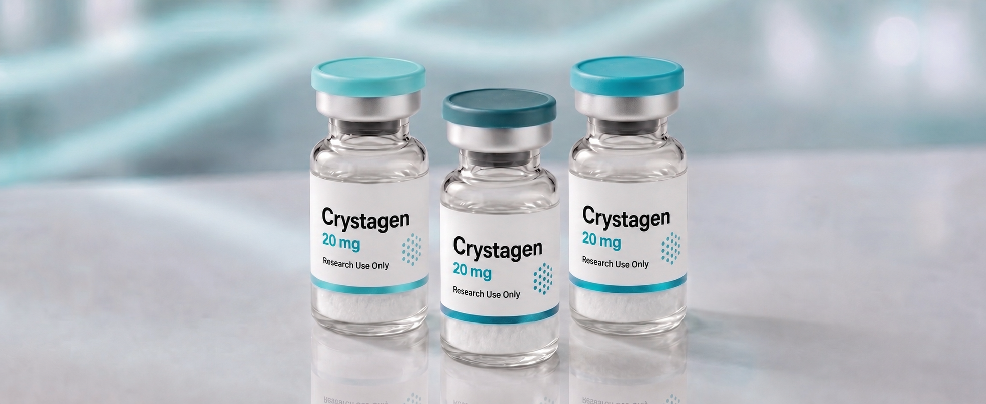 A row of Crystagen research vials, mock product photograph