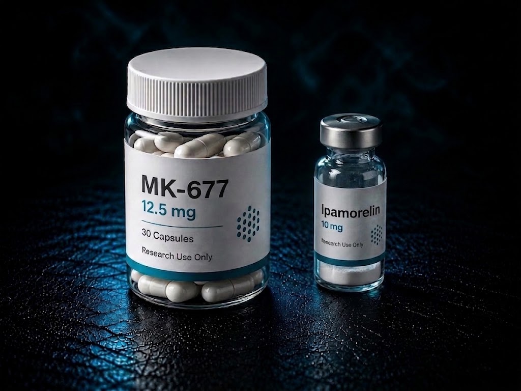 A bottle of MK-677 capsules beside a research vial of ipamorelin on a dark reflective surface