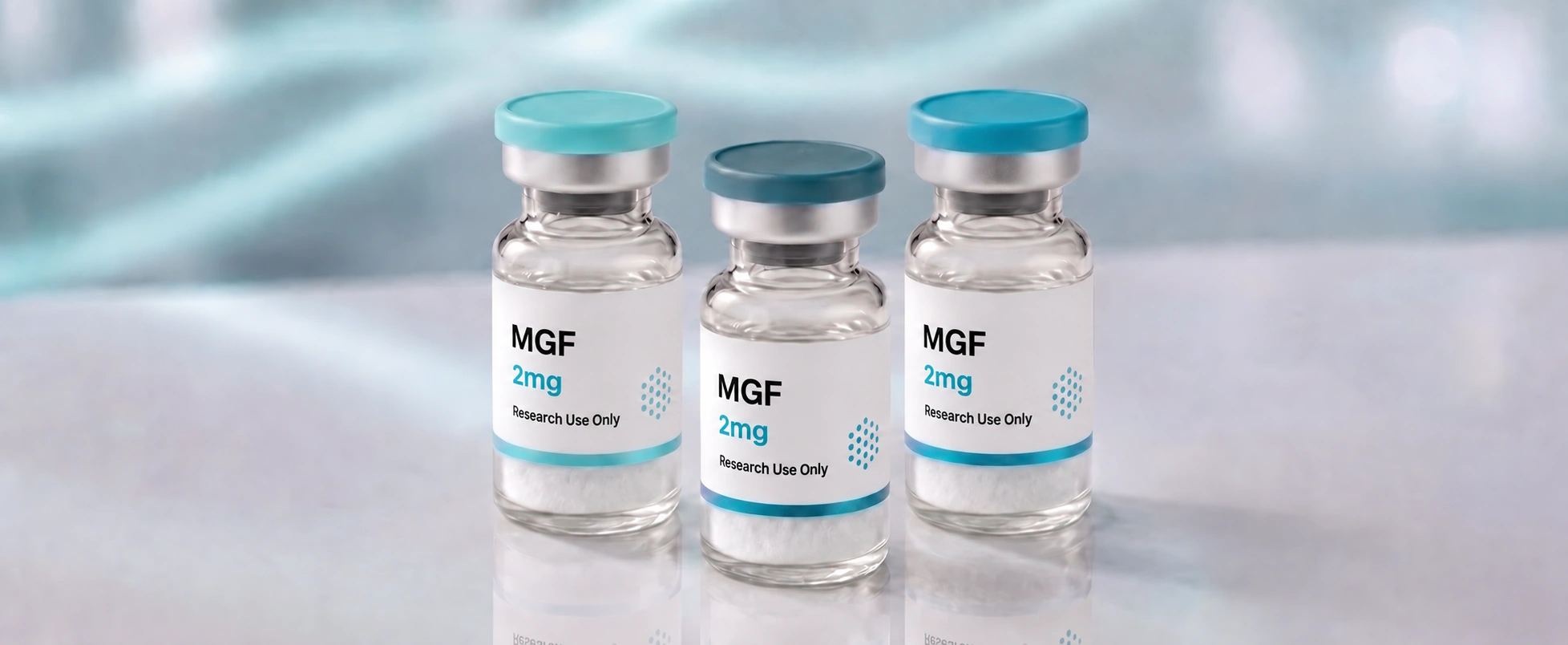 A row of MGF (Mechano Growth Factor) research vials, mock product photograph