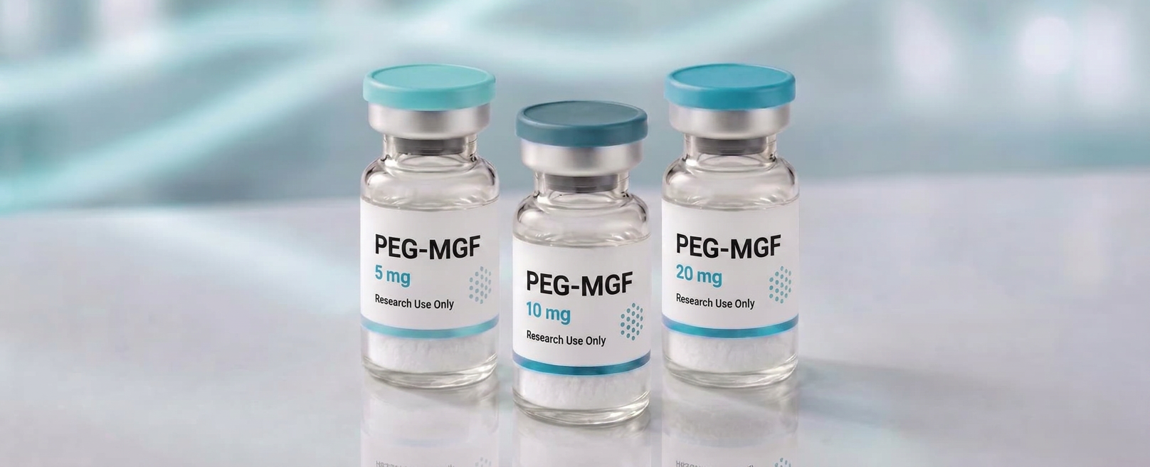 A row of PEG-MGF research vials, mock product photograph