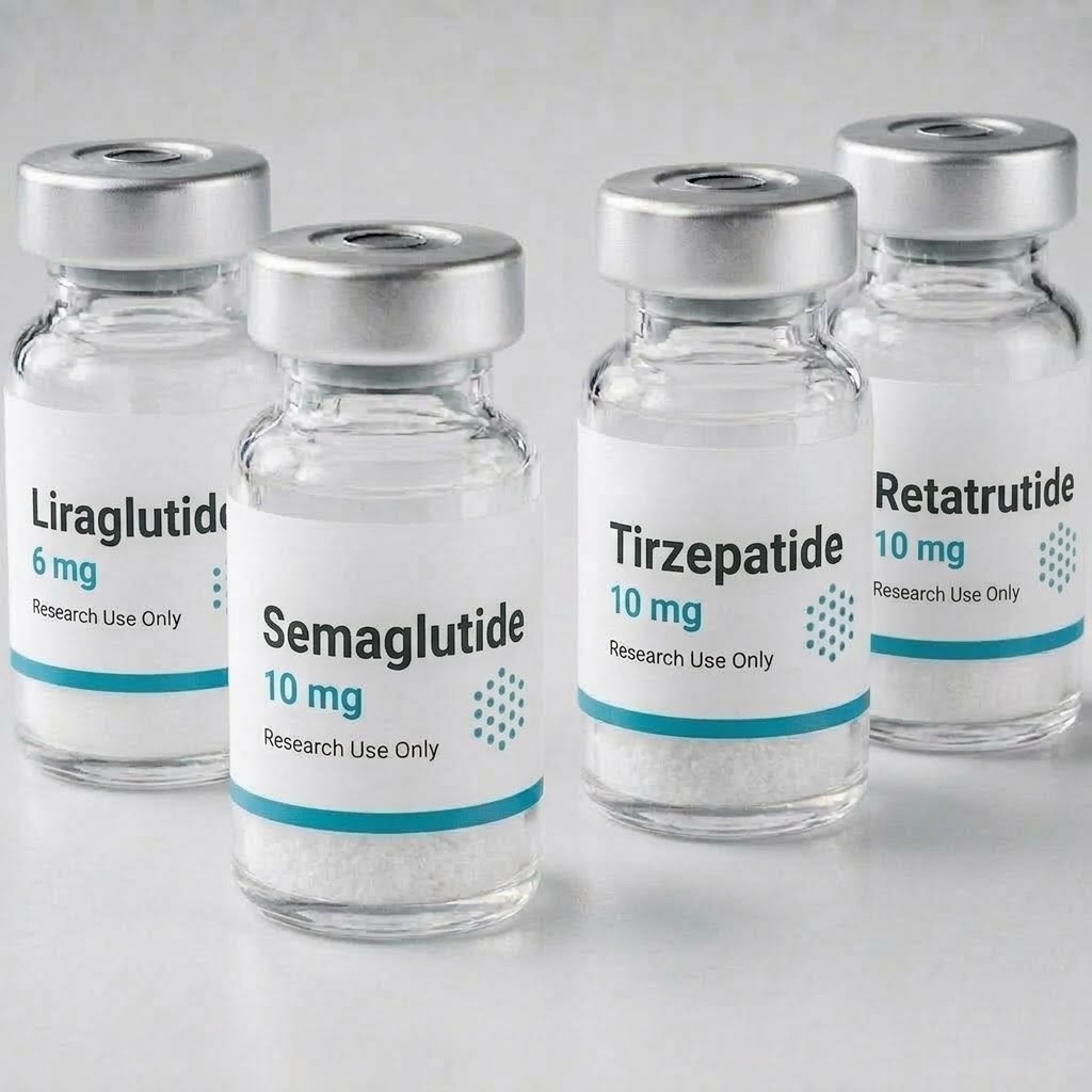 Liraglutide, Semaglutide, Tirzepatide and Retatrutide research vials together on a white surface