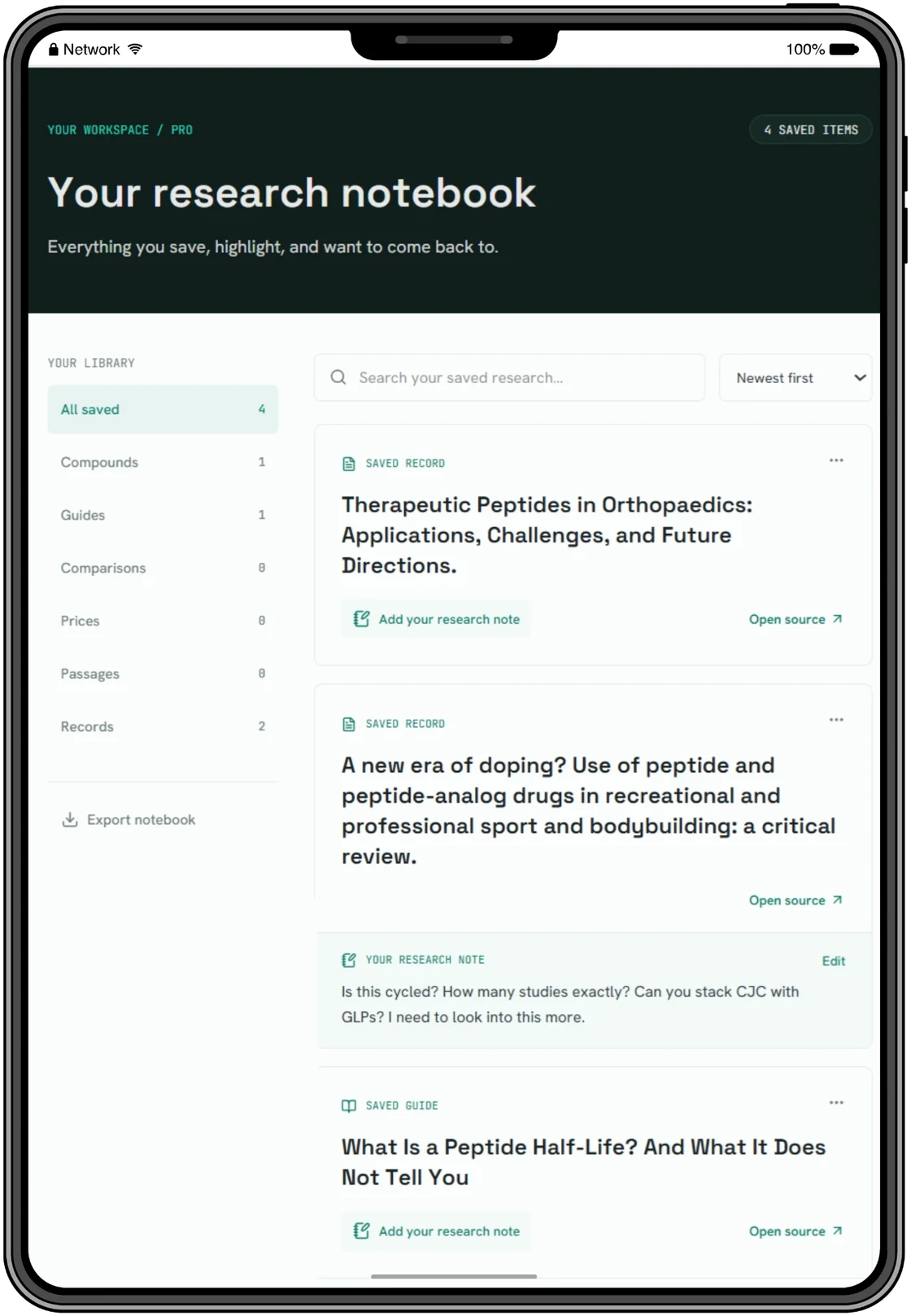 Your notebook inside a phone frame showing saved research records, a research note and a saved guide