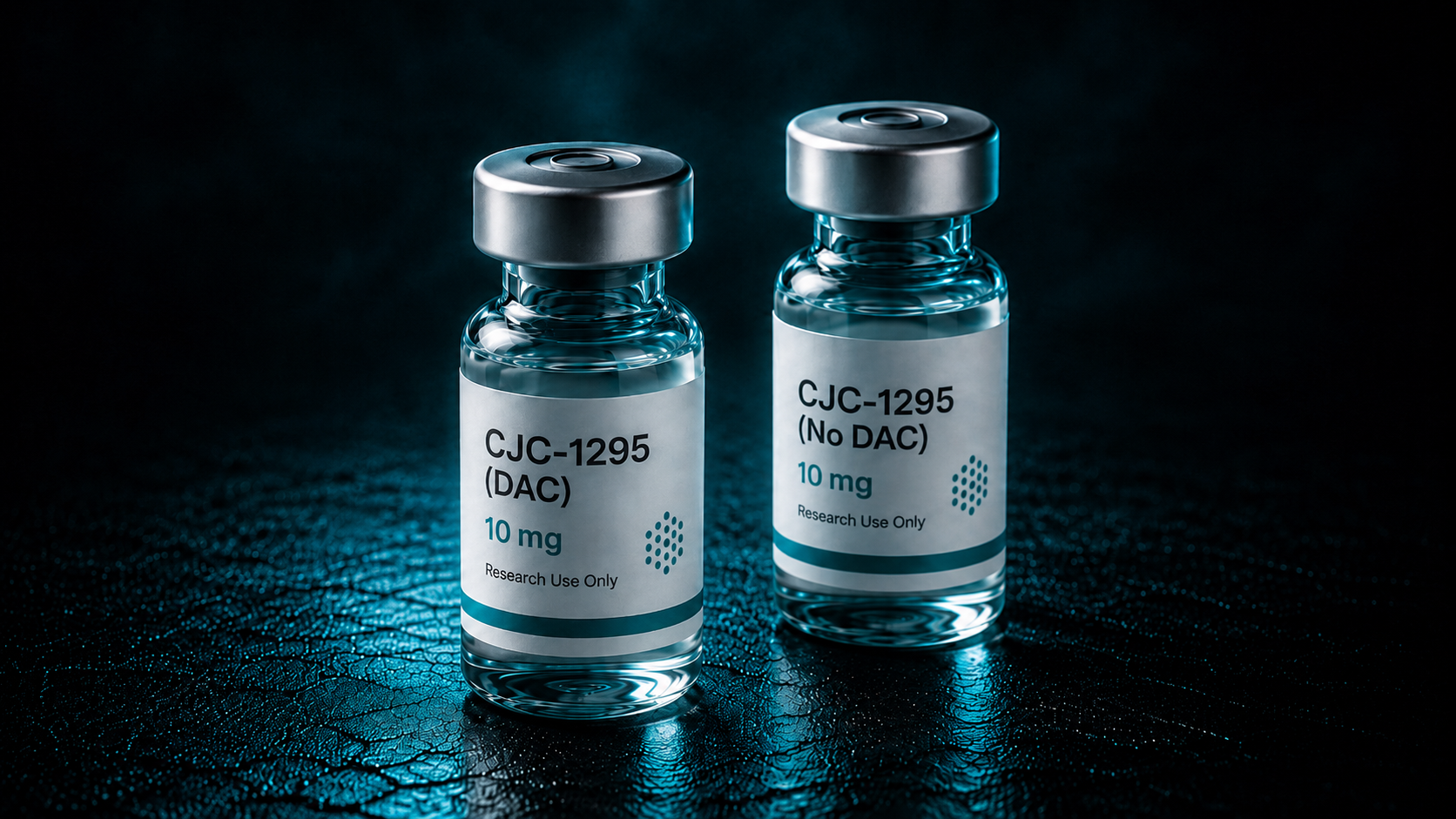 Two research vials labeled CJC-1295 with DAC and CJC-1295 without DAC on a dark surface