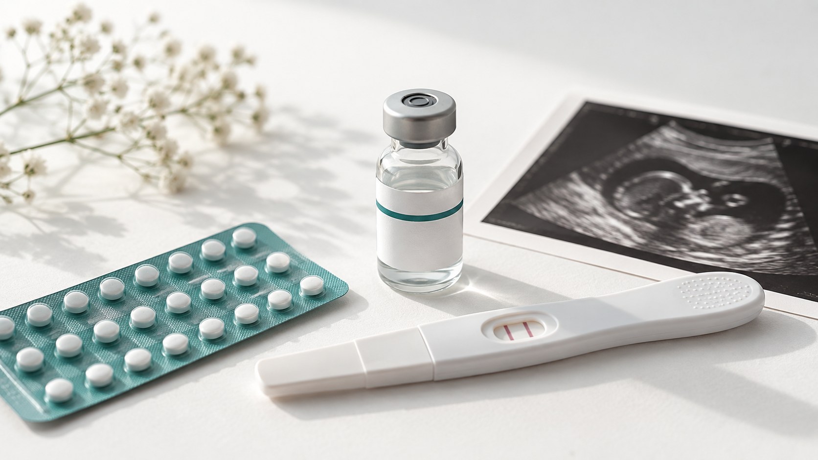 A small clear glass vial with a silver crimp cap standing beside an empty white weekly pill organizer on a warm off-white surface.