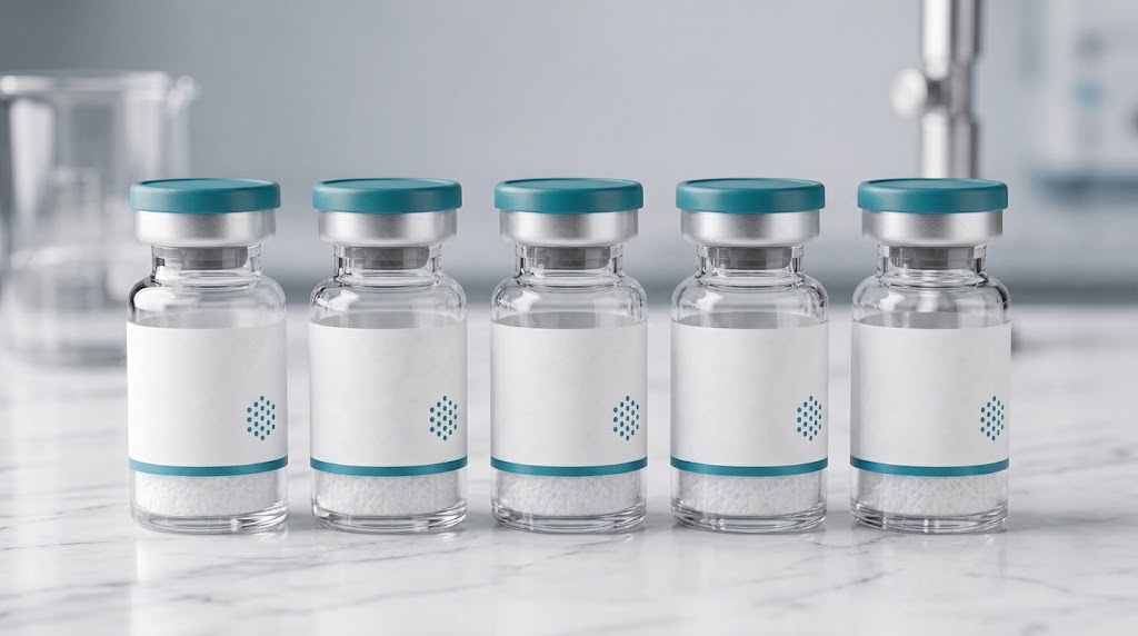 Five identical glass vials with teal caps and blank white labels lined up on a pale laboratory bench.