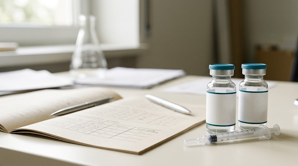 An unlabelled peptide vial beside a blank card, standing for a dose figure with no source behind it.