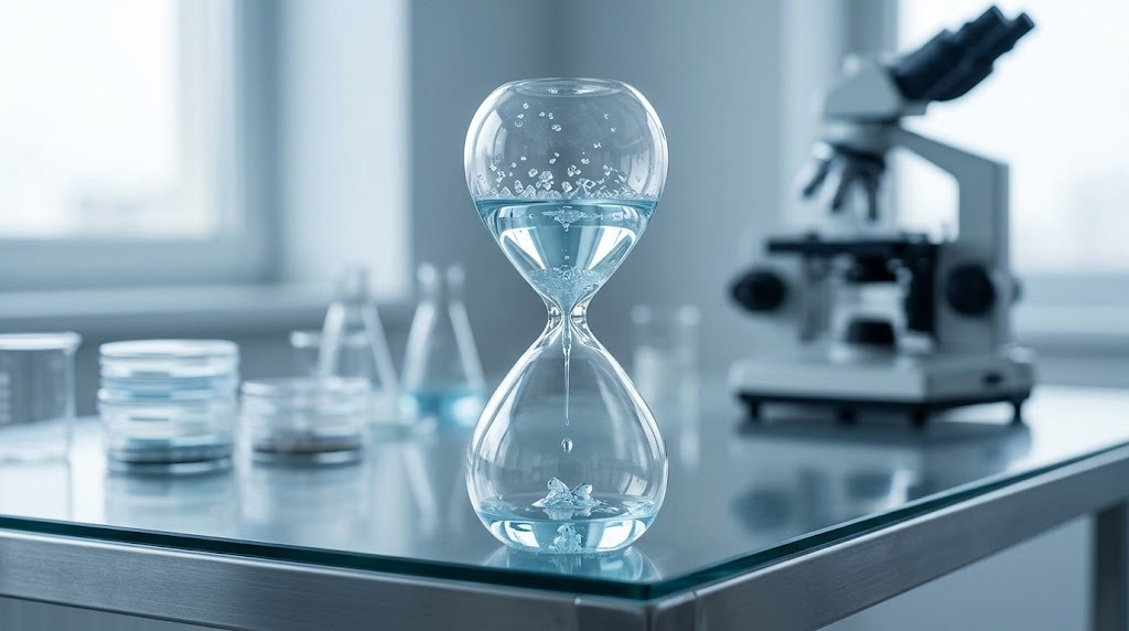 An hourglass filled with clear liquid on a laboratory bench beside a microscope.