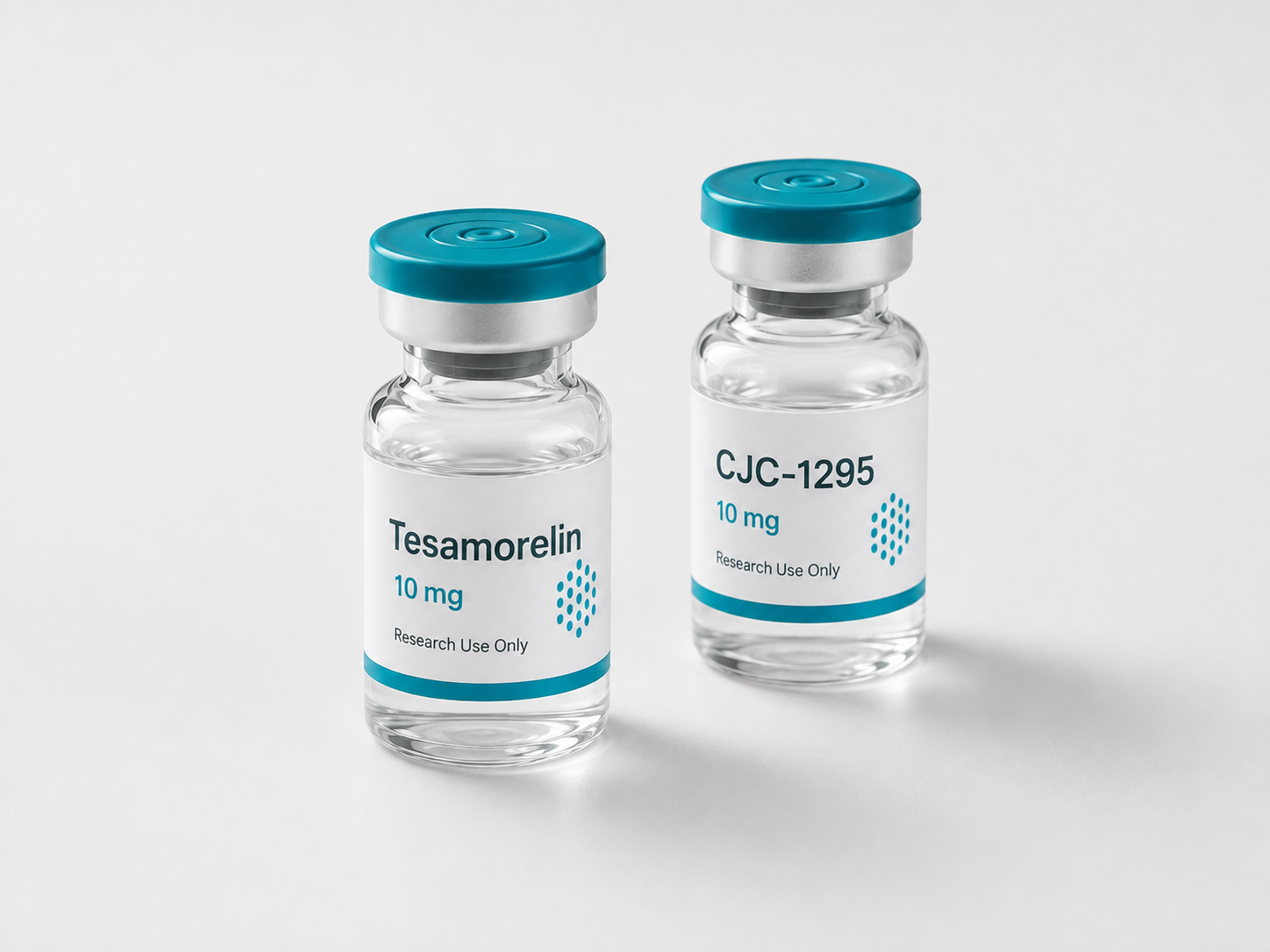 Two 10 mg research vials labeled Tesamorelin and CJC-1295 on a light surface