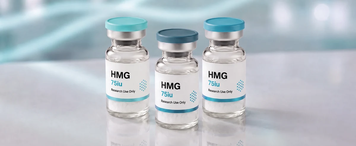 A row of HMG (Menotropin) research vials, mock product photograph
