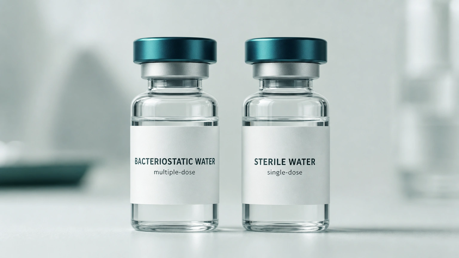 Two identical clear glass vials with teal caps side by side, one labeled bacteriostatic water multiple-dose and one labeled sterile water single-dose.