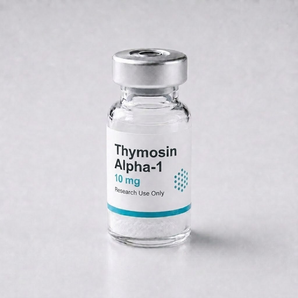 Research vial labeled Thymosin Alpha-1 containing white lyophilized powder