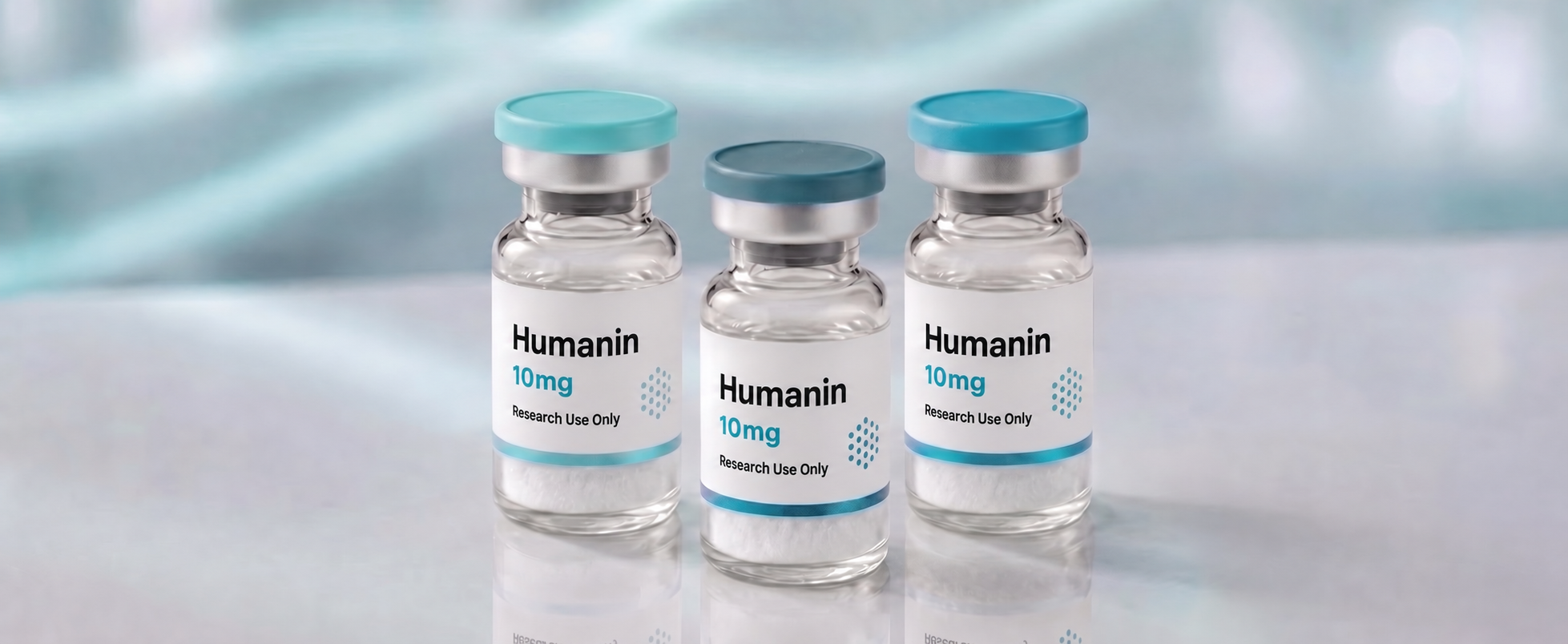 A row of Humanin research vials, mock product photograph