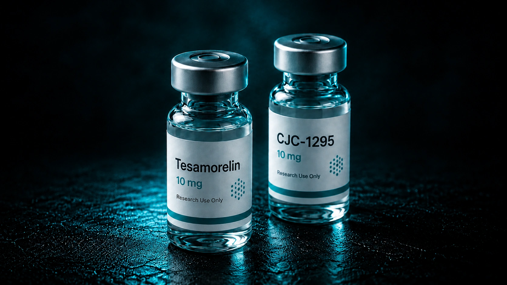 Tesamorelin and CJC-1295 vials side by side under low blue light