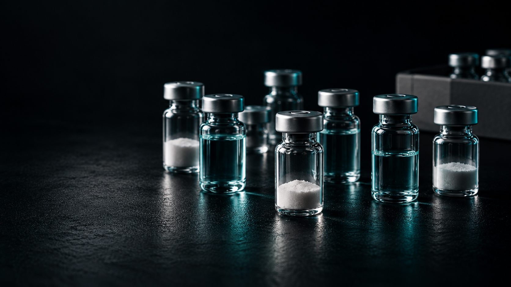 Glass peptide vials containing white powder and clear liquid on a dark surface