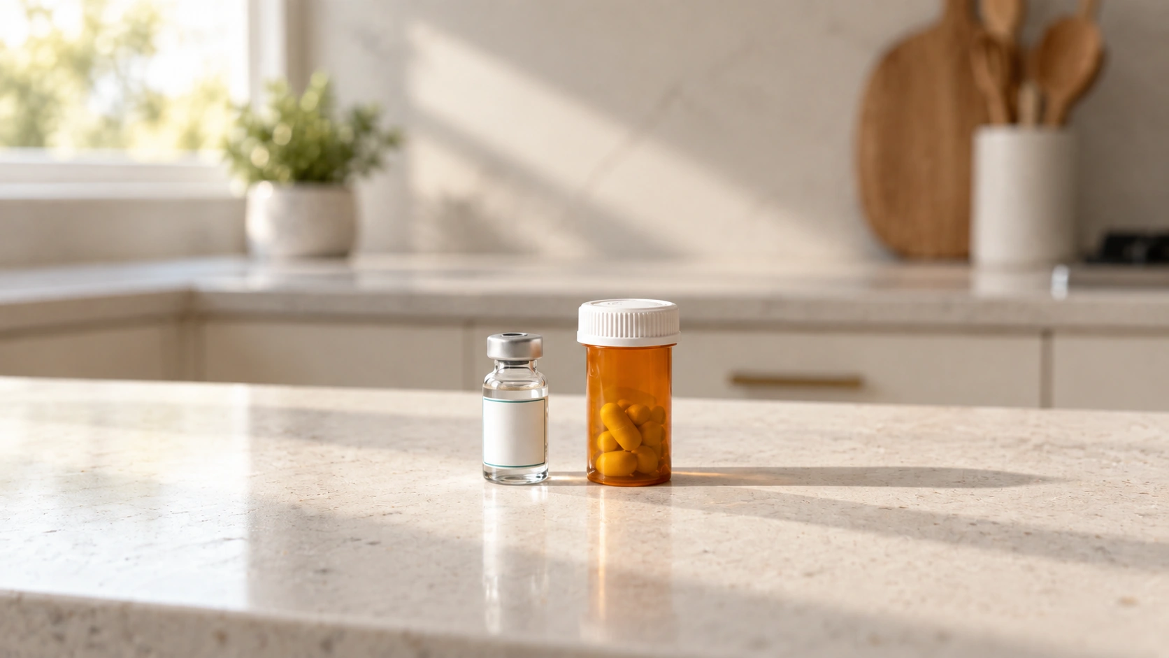 A small glass injection vial beside an amber bottle of oral capsules on a kitchen counter.