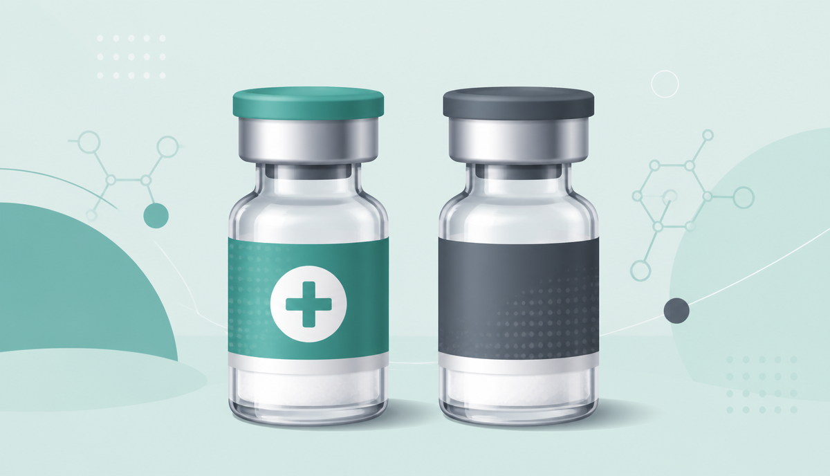 Two peptide vials side by side, one teal and one charcoal, on a soft mint background