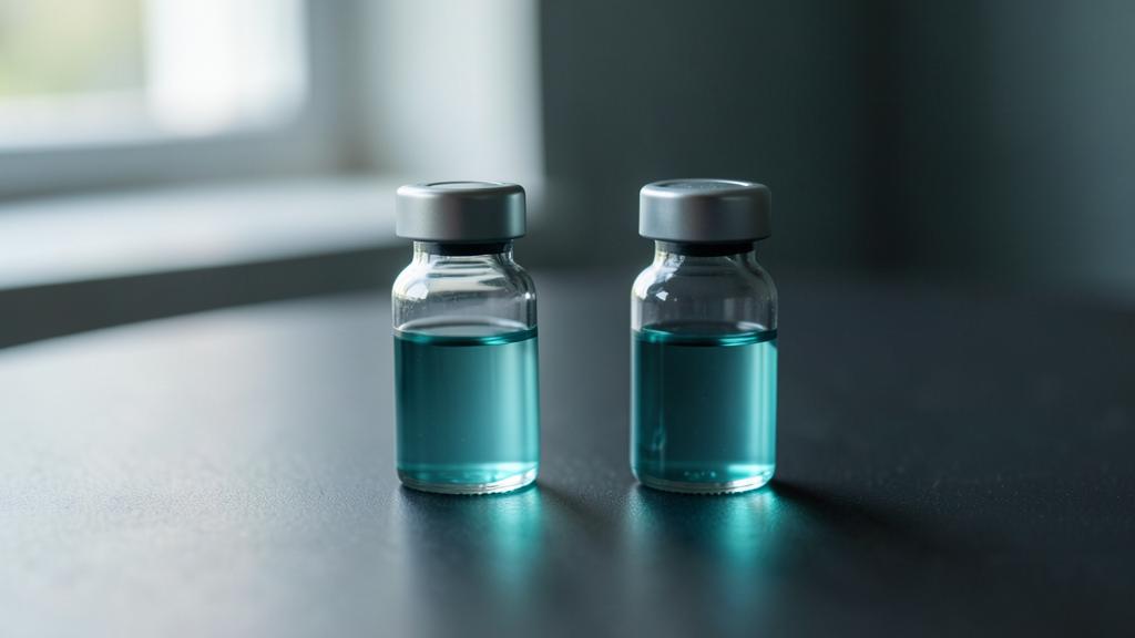 Two glass vials of teal liquid with silver caps standing on a dark surface in soft window light