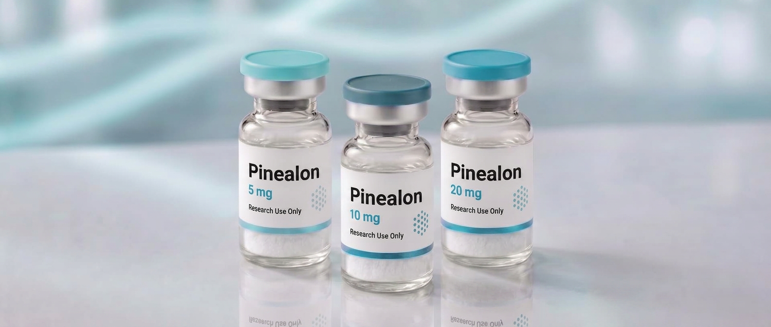 A row of Pinealon research vials, mock product photograph