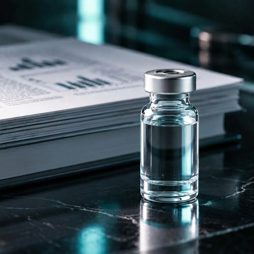 A single peptide vial beside a stack of research papers