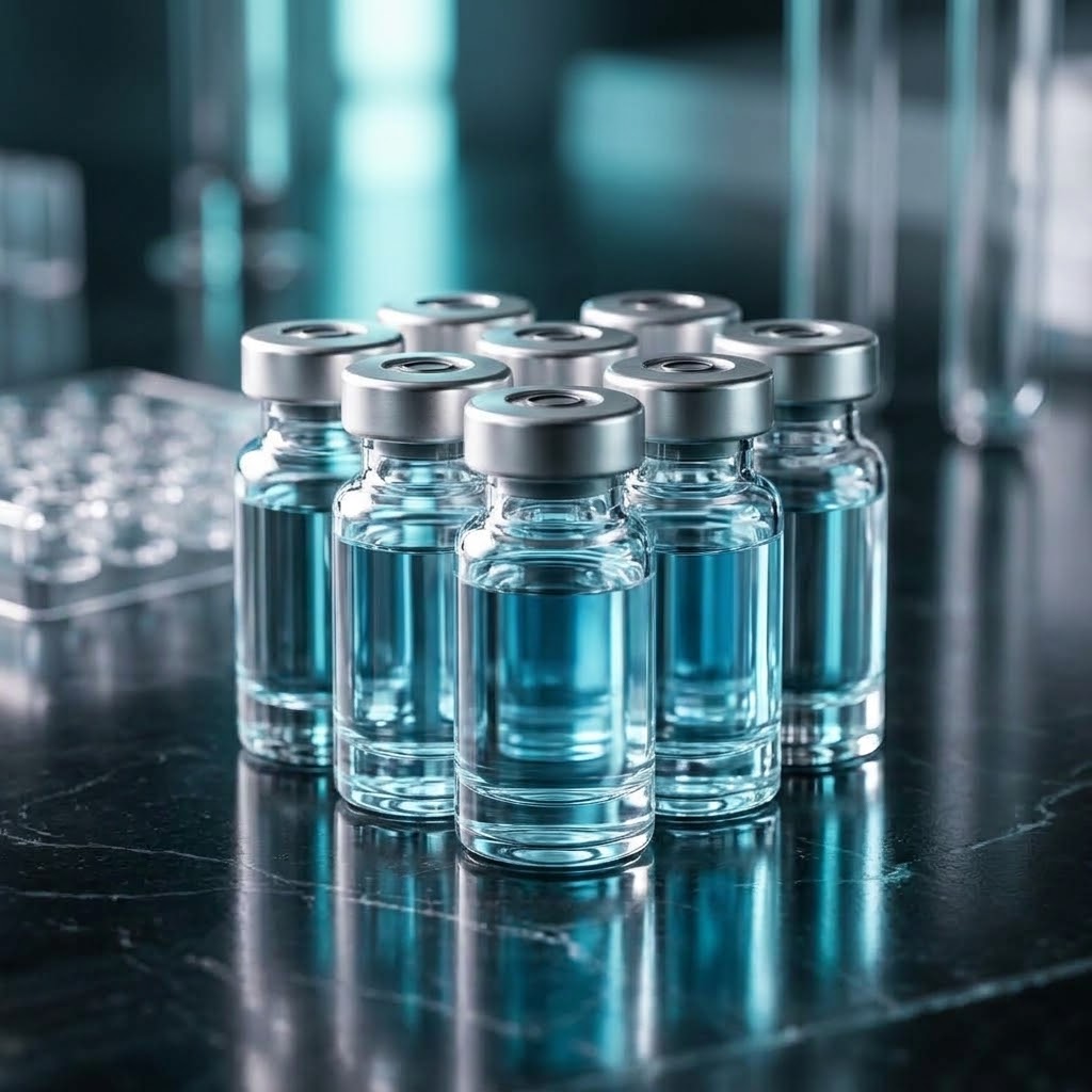A group of peptide vials on a dark laboratory surface