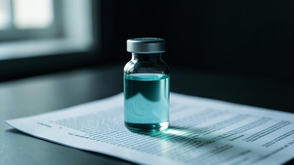 A glass vial of teal liquid standing on a printed regulatory filing document in soft window light