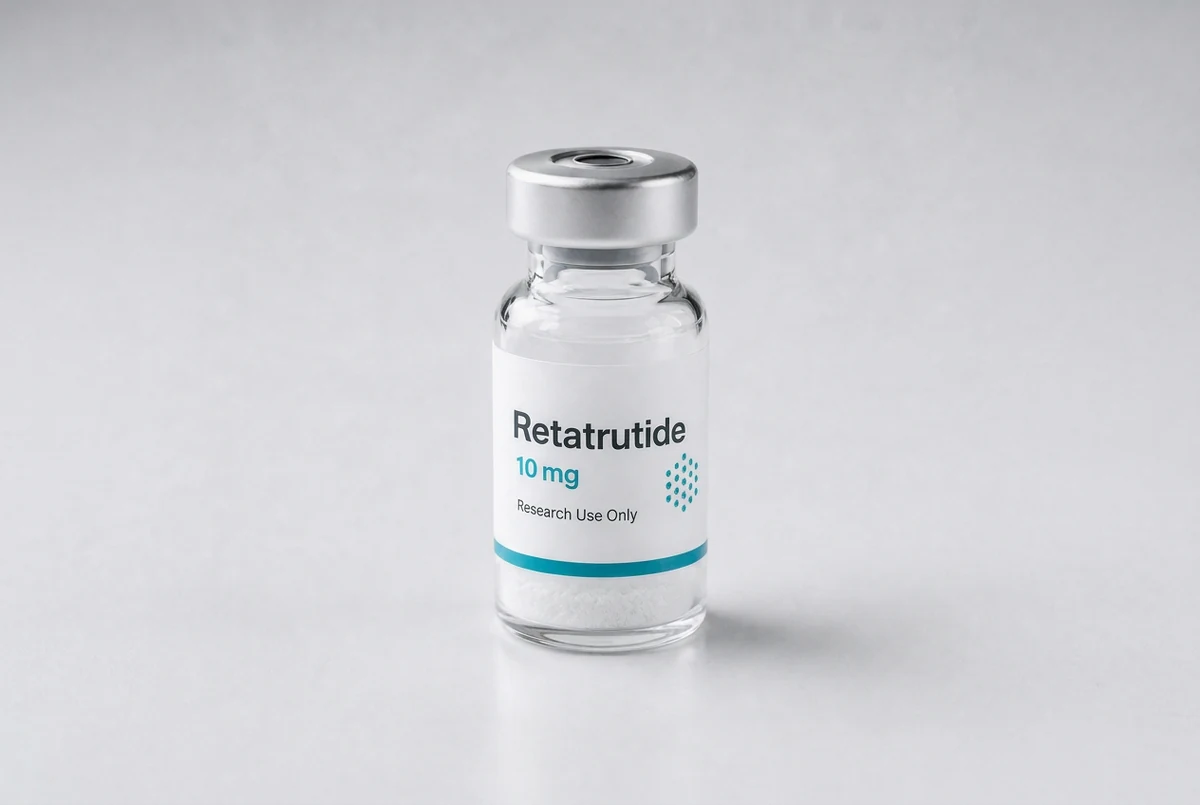 Research vial labeled Retatrutide 10 mg on a light studio surface