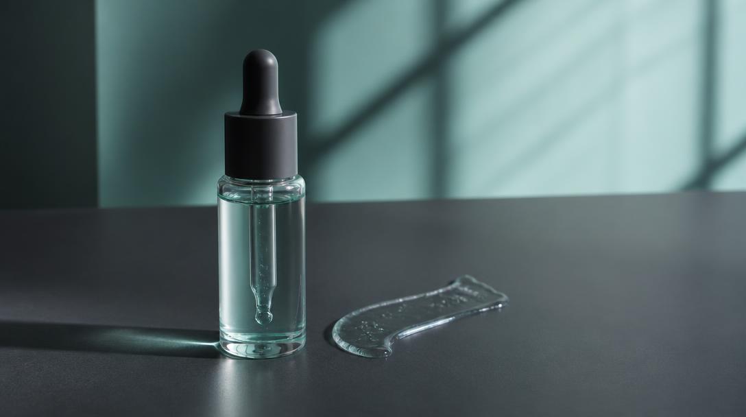 A glass serum dropper bottle with a charcoal cap on a dark surface in soft teal window light