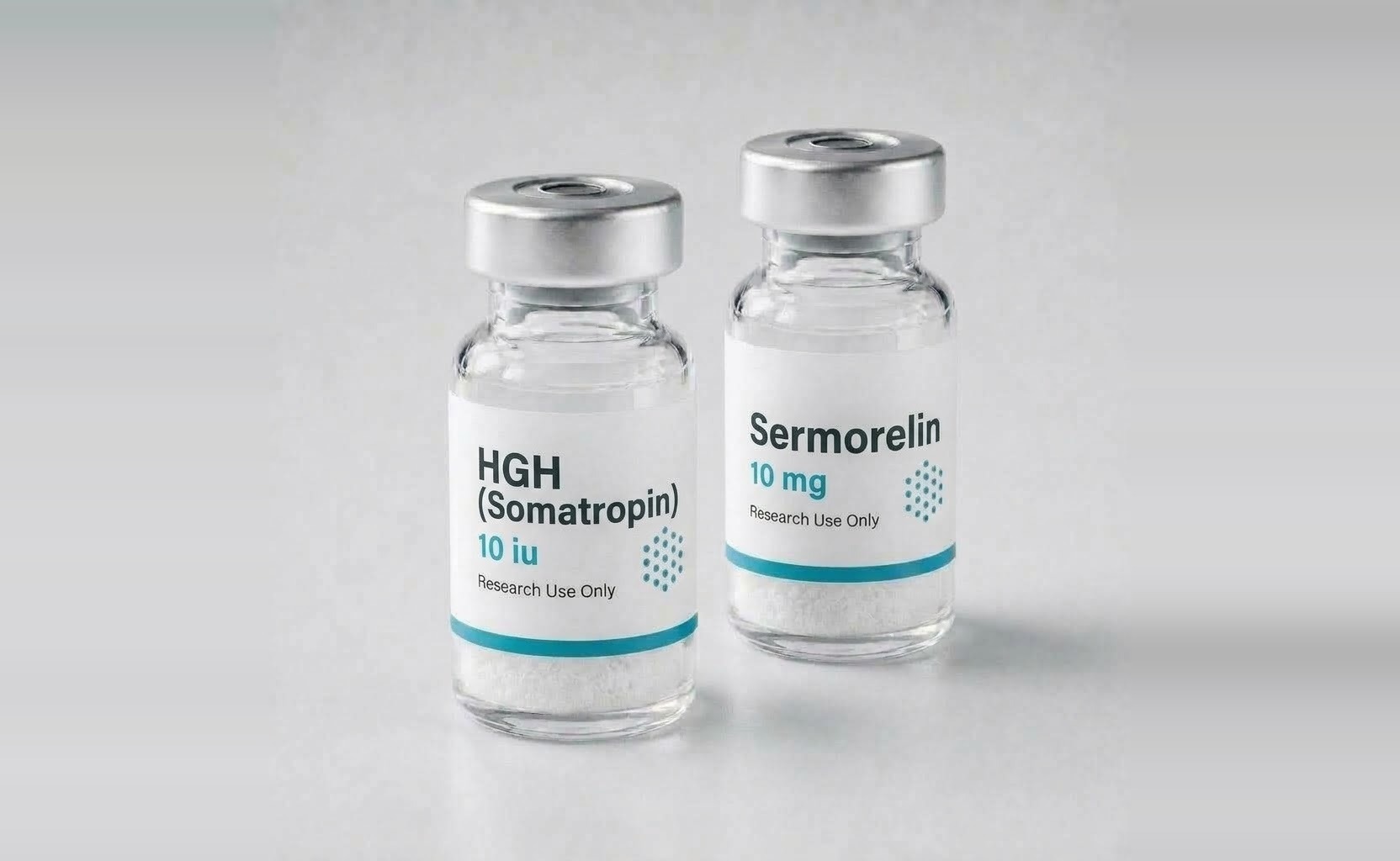 HGH somatropin and Sermorelin vials side by side on a white surface