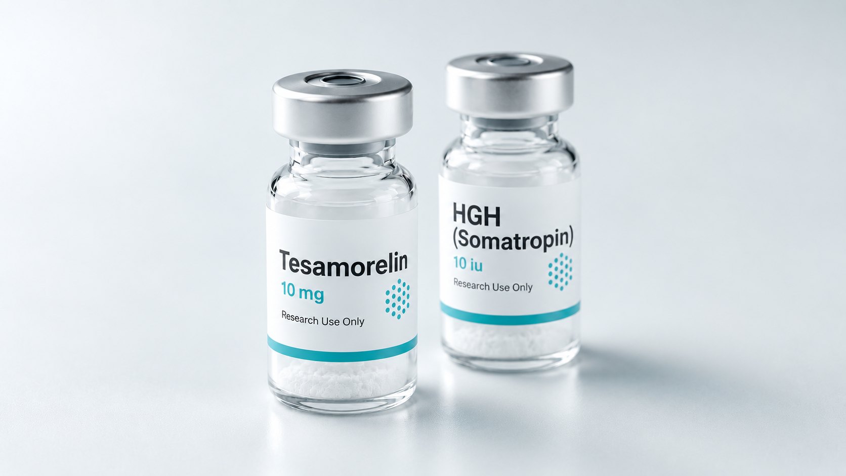 Tesamorelin and HGH somatropin vials side by side on a white surface